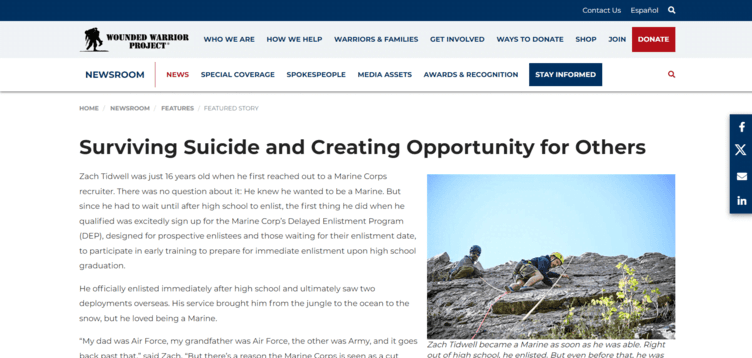 Wounded Warrior Project feature about Zach Tidwell.
