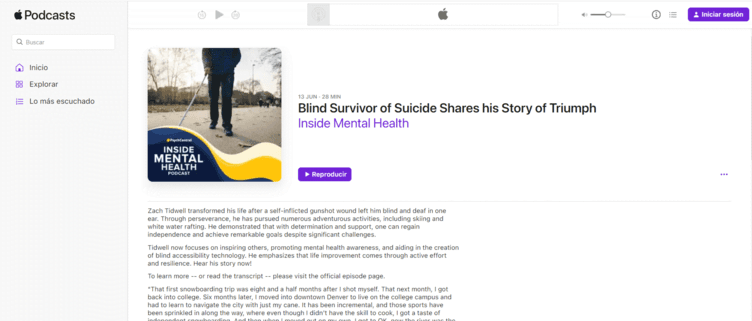 Apple Podcasts page for Zach Tidwell’s Inside Mental Health appearance.