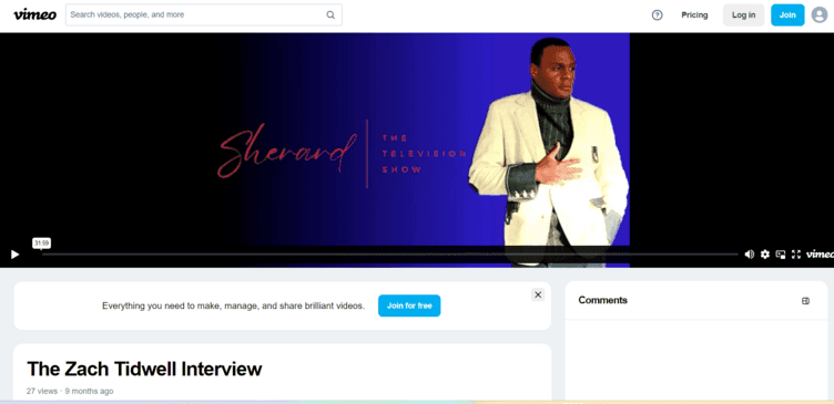Vimeo page for Zach Tidwell’s interview on the Sherard television show.
